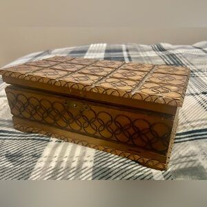 Vintage Polish Flemish Wooden Pyrography Carved Trinket Box with Feet